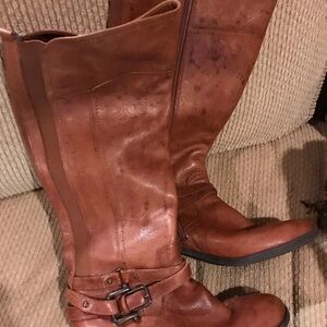 Women's Tall Brown Leather Buckle Heeled Riding Boots